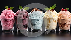 Gourmet ice cream sundae raspberry, chocolate, strawberry, mint, blueberry generated by AI