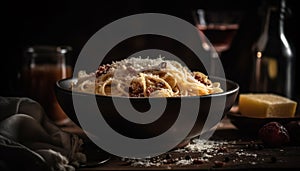 A gourmet Italian meal with pasta, wine, and parmesan cheese generated by AI