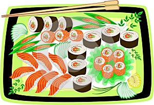Gourmet Japanese national cuisine. The beautifully served dishes include seafood, sushi, rolls, caviar, rice, greens, sliced