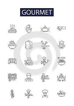 Gourmet line vector icons and signs. Cuisine, Epicurean, Epicure, Palatable, Dainty, Gourmand, Tasty, Flavorsome outline