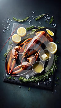 Gourmet Lobster Dinner Setup with Lemon and Herbs, AI Generated