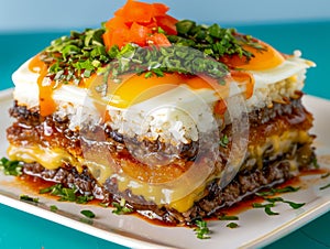 Gourmet Loco Moco with Ground Beef, Rice, Fried Egg, and Gravy Garnished with Green Onions and Tomato photo