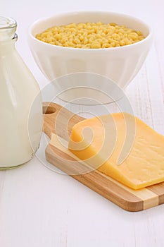 Gourmet macaroni and cheese ingredients.