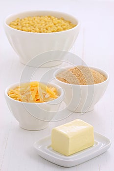 Gourmet macaroni and cheese ingredients.