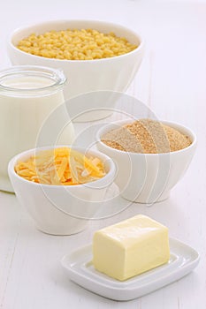 Gourmet macaroni and cheese ingredients.