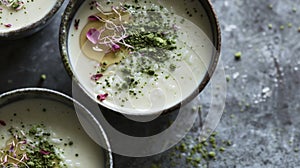 Gourmet Matcha Tea Dessert in Artistic Ceramic Bowls