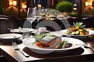 Gourmet Meal Elegantly Presented on a Fine Dining Table - Expertly Cooked, Featuring a Gleaming Gold Touch photo