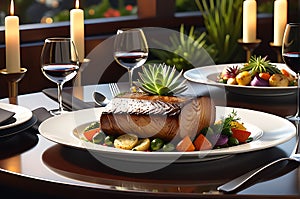 Gourmet Meal Elegantly Presented on a Fine Dining Table - Expertly Cooked, Featuring a Gleaming Gold Touch photo