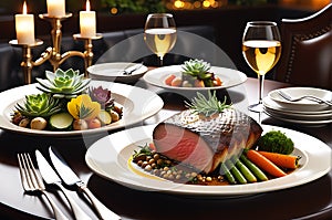 Gourmet Meal Elegantly Presented on a Fine Dining Table - Expertly Cooked, Featuring a Gleaming Gold Touch photo