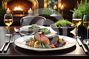 Gourmet Meal Elegantly Presented on a Fine Dining Table - Expertly Cooked, Featuring a Gleaming Gold Touch photo