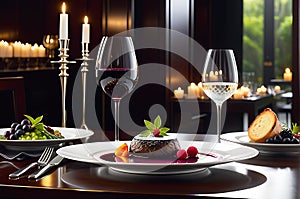 Gourmet Meal Elegantly Presented on a White Porcelain Plate - Centered on a Polished Dark Wood Table photo