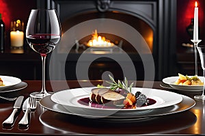 Gourmet Meal Elegantly Presented on a White Porcelain Plate - Centered on a Polished Dark Wood Table photo