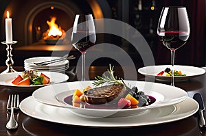 Gourmet Meal Elegantly Presented on a White Porcelain Plate - Centered on a Polished Dark Wood Table photo