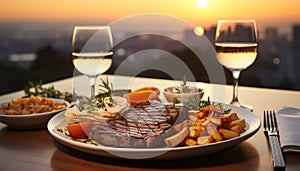 Gourmet meal, grilled steak, wineglass, sunset perfect dining outdoors generated by AI