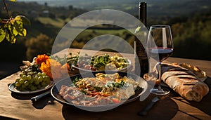 A gourmet meal outdoors wine, meat, bread, freshness, nature generated by AI