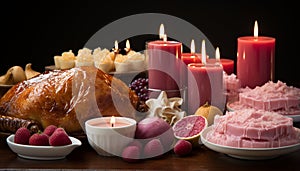 A gourmet meal turkey, meat, fruit, candlelight, and wine generated by AI