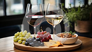 Gourmet meal, wine bottle, glass, grape, wood, refreshment, celebration generated by AI