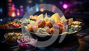 Gourmet meat meal, guacamole appetizer, snack on table at night generated by AI