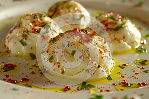 Gourmet Mediterranean Cuisine Labneh Cheese Balls with Olive Oil and Herbs on a Plate