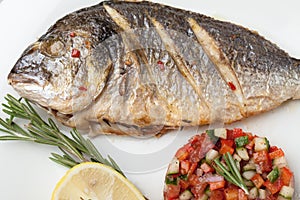 Gourmet Mediterranean seafood dish. Grilled fish gilthead with v