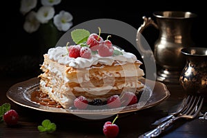 Gourmet napoleon cake with berries and cream