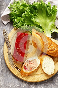 Gourmet pate de foie gras with a baguette