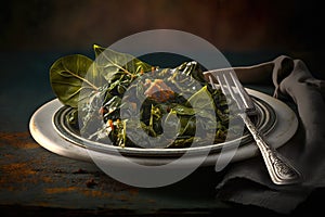 Gourmet photography of traditional African food of Collard greens soul food