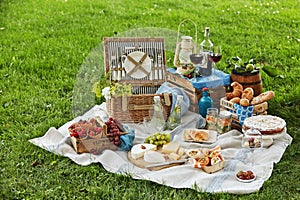 Gourmet picnic spread with wine and dessert