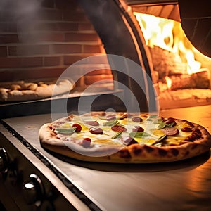 A gourmet pizza being slid into a wood-fired oven2