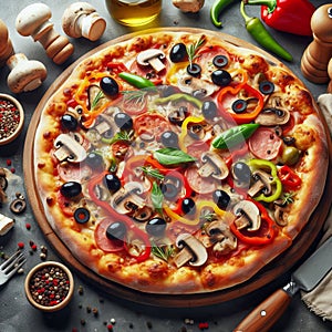 Gourmet Pizza A gourmet pizza with various toppings like mushroo photo