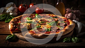 Gourmet pizza with pepperoni and albahaca. Italian food. photo