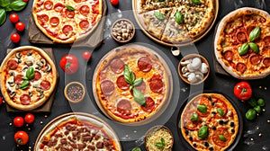 Gourmet pizza selection. Different types of pizzas. Italian cuisine. Variety of pizzas on a wooden board. Top view. Various taste