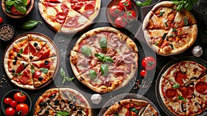 Gourmet pizza selection. Different types of pizzas. Italian cuisine. Variety of pizzas on a wooden board. Top view. Various taste