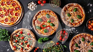 Gourmet pizza selection. Different types of pizzas. Italian cuisine. Variety of pizzas on a wooden board. Top view. Various taste