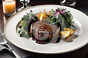 Gourmet Plate Featuring Medium Rare Steak Sliced Against the Grain - Vibrant Steamed Vegetables on the Side photo