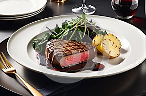 Gourmet Plate Featuring Medium Rare Steak Sliced Against the Grain - Vibrant Steamed Vegetables on the Side photo