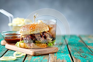 Gourmet Pulled Pork Burger with with Coleslaw and barbecue Sauce