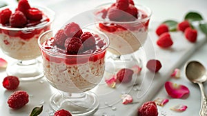 Gourmet Raspberry Rice Pudding in Elegant Glassware