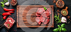 Gourmet raw meat display on wooden board