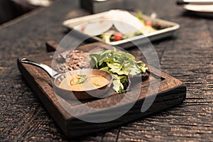 gourmet restaurant food on wooden