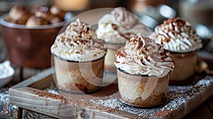gourmet rice pudding, individual rice pudding servings garnished with whipped cream and cocoa powder a rich dessert photo