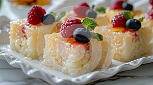 gourmet rice pudding, rice pudding squares adorned with fresh fruit slices and honey drizzle make the perfect summer