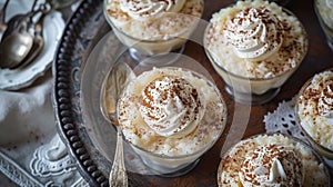 gourmet rice pudding, rice pudding with whipped cream and cocoa powder, decadent dessert servings on a tray for a photo