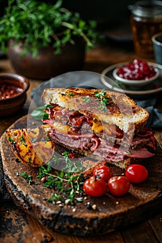 Gourmet Roast Beef Sandwich on Rustic Wooden Board