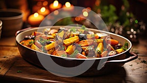 Gourmet Roasted Root Vegetables in Copper Pan on Rustic Table, AI Generated