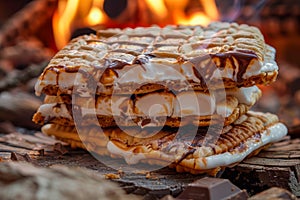 Gourmet S\'mores with Marshmallows and Chocolate Drizzle Over Crackling Campfire