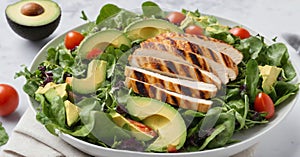 A gourmet salad with mixed greens, avocado, and grilled chicken