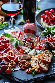 Gourmet salad with prosciutto, blue cheese, pomegranate, and walnuts