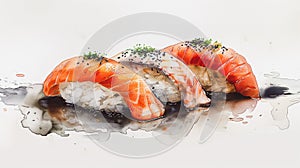 Gourmet salmon nigiri sushi with elegant presentation photo
