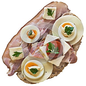 =Gourmet Sandwich With Bacon Rashers Gammon Ham Cheese And Eggs Slices And Tomato Isolated On White Background